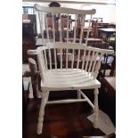 A 20th Century painted wood high stick back Windsor style elbow chair with solid moulded seat, set