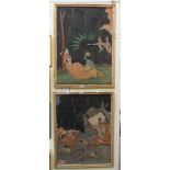 A pair of 20th Century bamboo framed Hindu paintings, one depicting figures by and in water, the