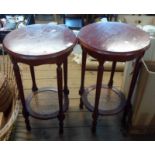 A pair of 39cm diameter modern stained wood bedside tables with rattan undertiers and turned