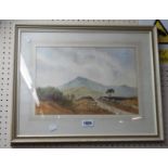 Angie Norman: a framed watercolour, depicting a landscape with stone walled track in foreground