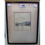 J. Kay: a late Victorian watercolour view of London Bridge with Thames barge and other vessels -