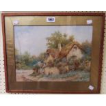 G.K. Mason: a framed watercolour, depicting a figure stood at the gate to a thatched cottage with