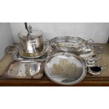 A silver plated oblong tea tray with ornate cast rim and flanking handles - sold with plated biscuit