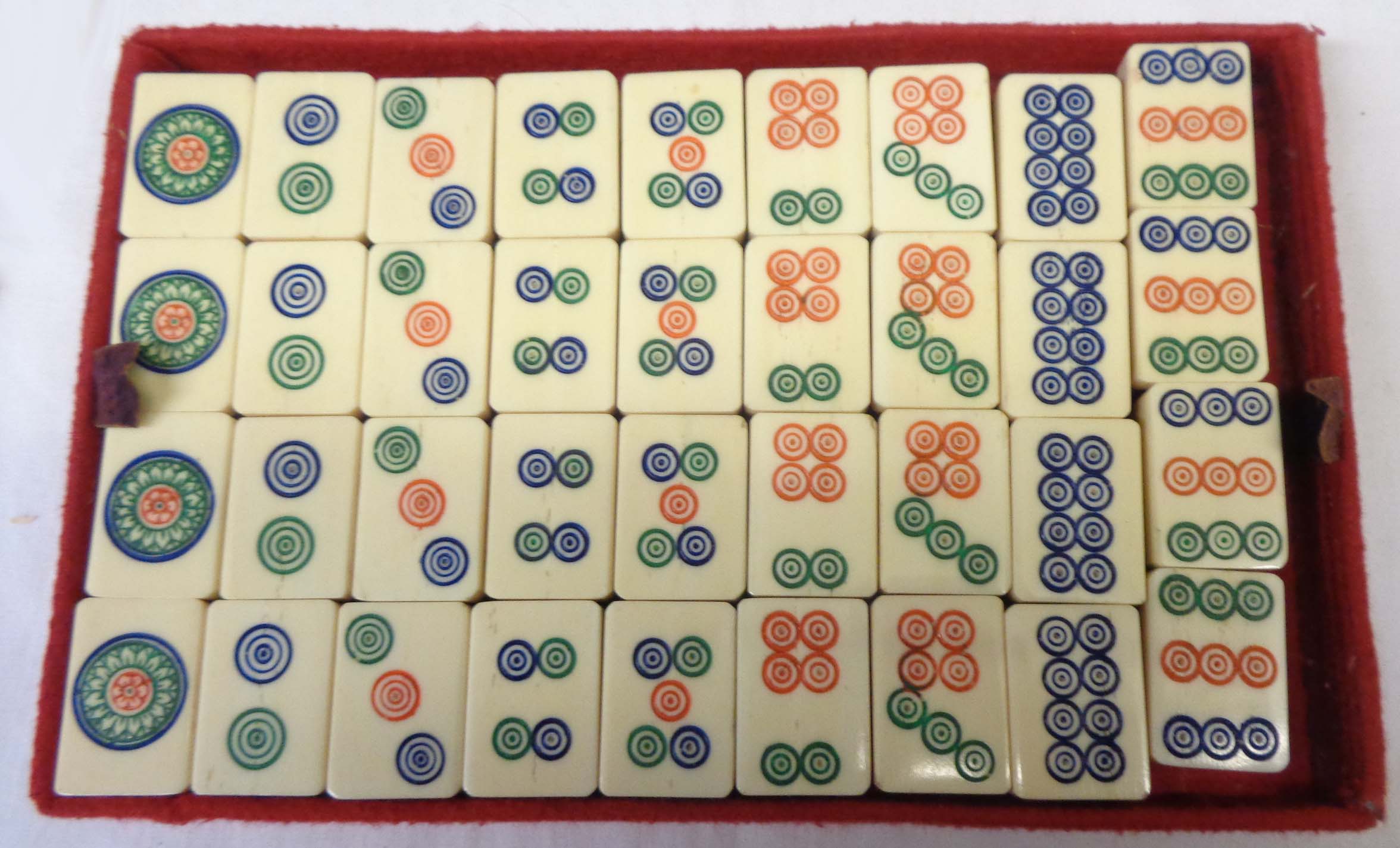 A vintage Japanese bone and bamboo Mah Jong set with counters, dice, and instructions in tooled - Image 8 of 11