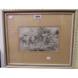 A framed pencil drawing, depicting cattle watering with thatched cottage beyond