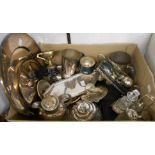 A quantity of silver plated items including various sporting trophy plates, ashtrays, cruet set,