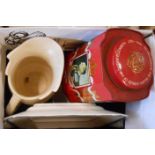 A box containing assorted china and a tin