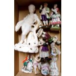 A box containing nine figurines including Stephenson & Hancock Derby, Sitzendorf, etc. - various