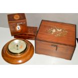 AN INLAID SINGLE TEA CADDY, a Short & Mason aneroid barometer, a cigarette box and a work box (