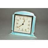 A SMITH'S ART DECO CHROME AND PALE BLUE ENAMEL BEDSIDE CLOCK, square dial (af) with gilt Arabic