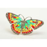 A PLIQUE-A-JOUR AND MARCASITE BUTTERFLY BROOCH, designed as green, yellow and red plique-a-jour