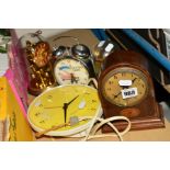 FIVE VARIOUS TIME PIECES to include small inlaid mantel clock, electric Westclox Ltd wall clock, two