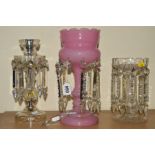 THREE SINGLE GLASS DROP LUSTRES, to include a pink milk glass, height 30cm, and two smaller cut