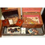 A VICTORIAN CADDY, with fitted interior (sd), a work box (distressed), various buttons, playing