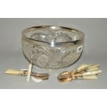 A GEORGE V SILVER MOUNTED CUT GLASS FRUIT BOWL, Birmingham 1912, diameter 24cm together with