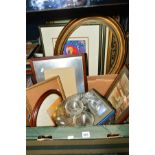 A BOX AND LOOSE, PICTURES, PRINTS, etc, to include glassware, a boxed Wedgwood bottle opener and