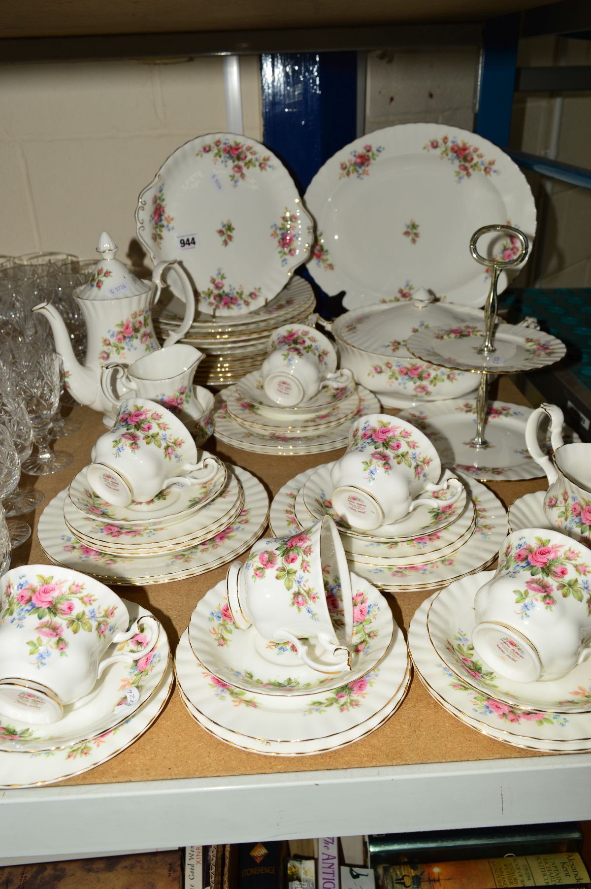 ROYAL ALBERT 'MOSS ROSE' COFFEE AND DINNERWARES, twelve dinner plates, tureen, one oval meat