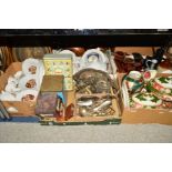 FIVE BOXES AND TWO LOOSE PICTURES, CERAMICS, PLATED WARES, CUTLERY etc to include Ashworth Ironstone