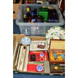 TWO BOXES OF ASSORTED ITEMS to include a cased Hydrometer (a/f), a boxed W A E Busby Ltd Hydrometer,