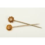 TWO LATE VICTORIAN 15CT GOLD DIAMOND STICKPINS, the first designed as an old European cut diamond in