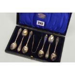 A CASED SET OF SIX GEORGE V SILVER TEASPOONS AND MATCHING SUGAR TONGS, point handles engraved