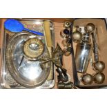 A BOX OF SILVER PLATE, ETC, including a cocktail shaker, cruets, etc