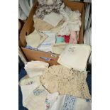 A BOX OF ASSORTED TABLE LINEN, to include crochet work, embroidery, Damask etc