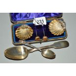 A CASED PAIR OF VICTORIAN SILVER SHELL SHAPED SALTS, Birmingham 1896 and a pair of shell shaped salt