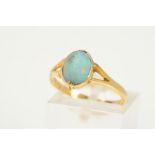 A LATE VICTORIAN 18CT GOLD OPAL RING, designed as an oval opal cabochon in a collet and claw