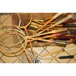 BADMINTON RACKETS, to include 3 x Slazenger wooden Victory racket with nylon strings, 1 x The Fury