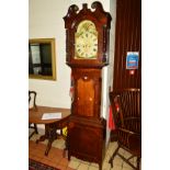 A GEORGE III OAK, MAHOGANY AND EBONY STRUNG EIGHT DAY LONGCASE CLOCK, the hood with a swan neck