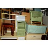 A GREEN PAINTED LLOYD LOOM BEDROOM CHAIR, a pot cupboard, a blue painted Lloyd Loom ottoman,