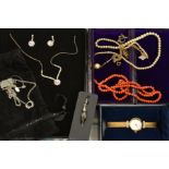 A SELECTION OF JEWELLERY, to include an early 20th century coral bead necklace, with near