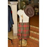 A TARTAN KILT (HOME MADE), together with Austrian alpine hat and walking stick, straw boater,