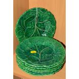 SEVEN VICTORIAN CABBAGE LEAF PLATES, approximate diameter 22cm (sd)