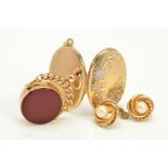 A 9CT GOLD SWIVEL FOB, LOCKET AND PAIR OF STUD EARRINGS, of circular outline set with bloodstone and