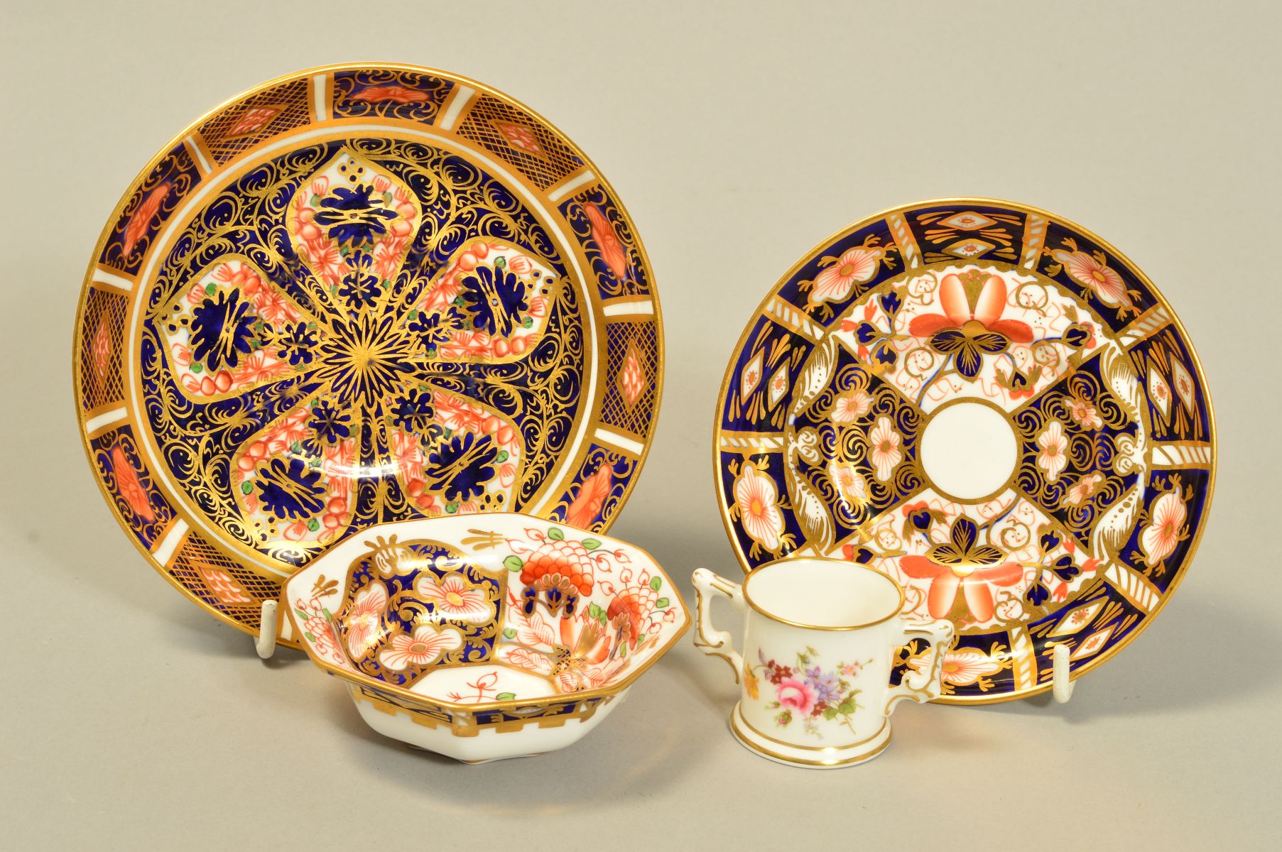 FOUR PIECES OF ROYAL CROWN DERBY, to include a small Stevenson & Hancock octagonal shaped dish,