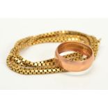 A 9CT GOLD BAND RING AND A 9CT GOLD CHAIN NECKLACE, the ring of plain design, with 9ct hallmark,