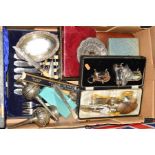 A BOX OF SILVER PLATE, including cased and loose cutlery, a pair of Middle Eastern glove
