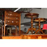 AN EDWARDIAN MAHOGANY THREE DRAWER MUSIC CABINET, together with a two modern tripod tables (3)