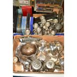 TWO BOXES OF SILVER PLATE, including Victorian pewter coffee pots, plated candelabra, cased fish