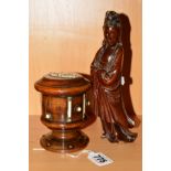 A TREEN PEDESTAL MONEY BOX, with hinged lid, height 10cm (base chipped and no key), together with an