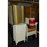 A WHITE PAINTED LLOYD LOOM BEDROOM CHAIR, a pot cupboard, together with a painted pine pot