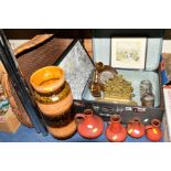 A KAISERBACH CASE AND LOOSE ITEMS, to include a brass desk stand with two ink wells and letter rack,