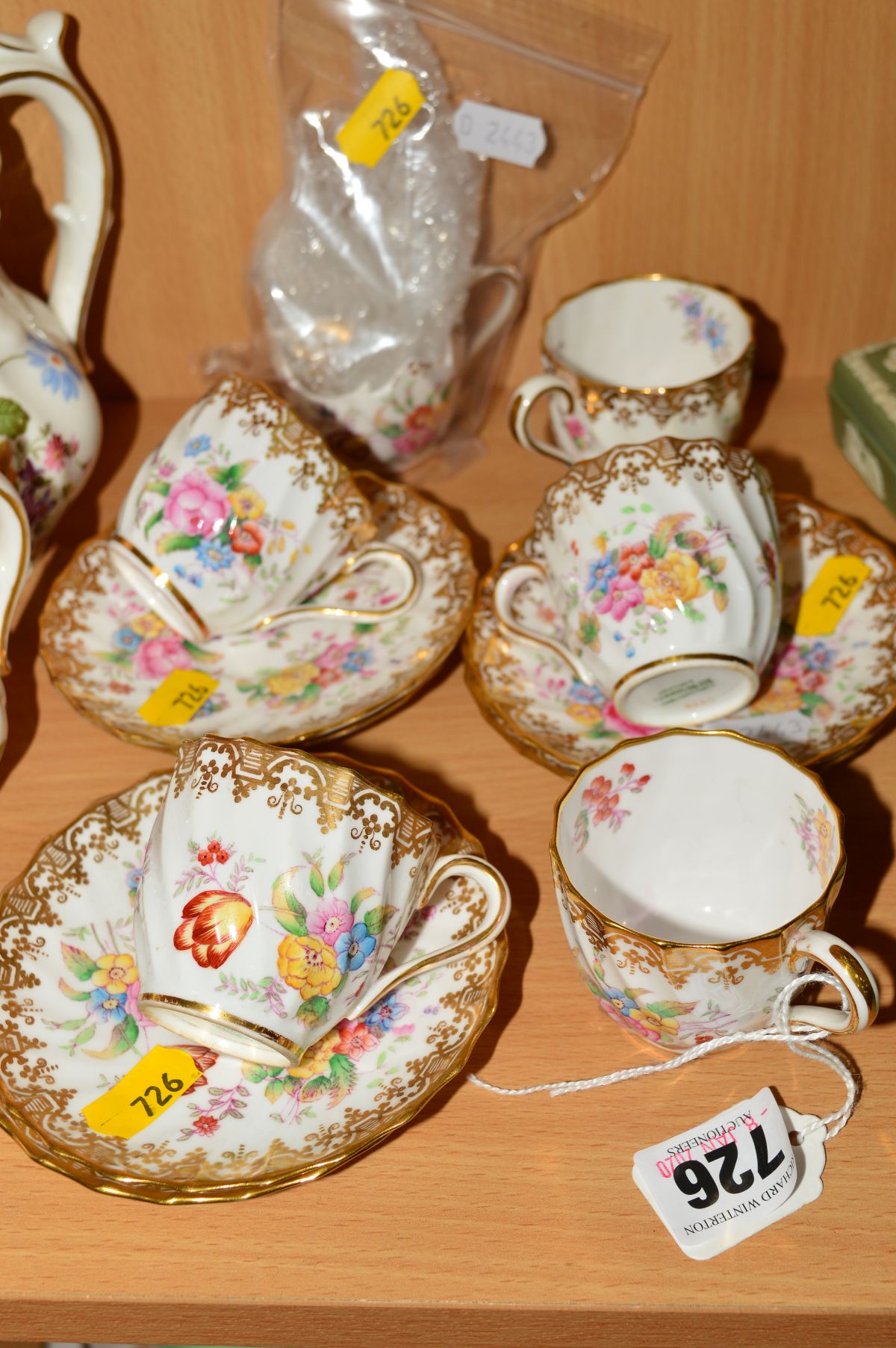 SIX COPELANDS CHINA COFFEE CUPS AND SAUCERS, stamped T.G.Goode & Co, one cup is broken