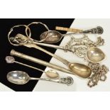 A SELECTION OF SPOONS, JEWELLERY etc, to include a Continental spoon, two silver Rifle Club