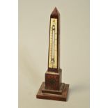 A TUNBRIDGE WARE DESK THERMOMETER, of obelisk form, with stepped base, height approximately 19cm (