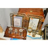 A SET OF MORDAN & CO BRASS POSTAL SCALES ON A CERAMIC BASE, with a mahogany veneered writing