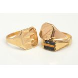 THREE 9CT GOLD SIGNET RINGS, two with engraved detail, one set with three linear gem panels, all