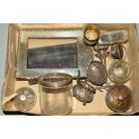 A BOX OF HALLMARKED SILVER ITEMS, etc including an easel back photograph frame, polished through,